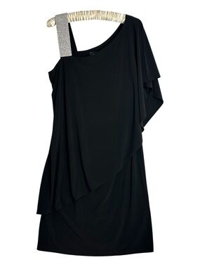r & m richards one shoulder dress R&M Richards Draped Shoulder and Diamante Strap Cocktail Dress, Size 16W, Black